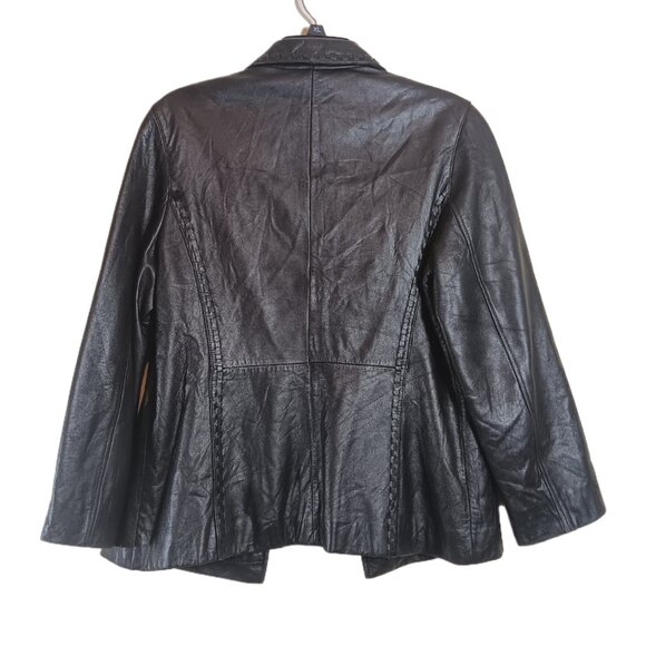 Tiboa Leathers Blazer Womens Medium Petite Black 100% Leather Woven Trim Jacket - Picture 7 of 10